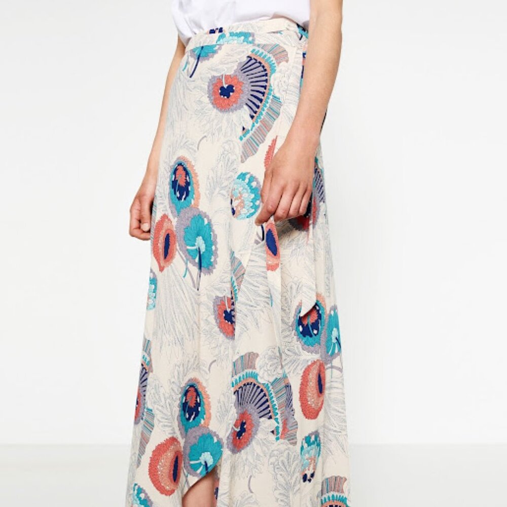 Zara Woman Small Wrap Skirt Coverup Botanical Bohemian Teal Coral